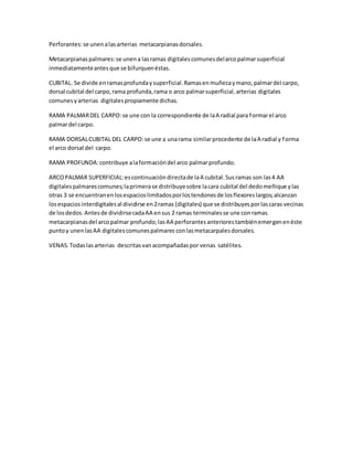 Perforantes:se unenalasarterias metacarpianasdorsales.
Metacarpianaspalmares:se unena lasramas digitalescomunesdelarcopalmarsuperficial
inmediatamenteantesque se bifurquenéstas.
CUBITAL. Se divide enramasprofundaysuperficial.Ramasen muñecaymano,palmardel carpo,
dorsal cubital del carpo,rama profunda,rama o arco palmarsuperficial,arterias digitales
comunesyarterias digitalespropiamente dichas.
RAMA PALMARDEL CARPO:se une con la correspondiente de laA radial para formarel arco
palmardel carpo.
RAMA DORSALCUBITAL DEL CARPO:se une a unarama similarprocedente de laA radial y forma
el arco dorsal del carpo.
RAMA PROFUNDA:contribuye alaformacióndel arco palmarprofundo.
ARCOPALMAR SUPERFICIAL:escontinuacióndirectade laA cubital.Susramas son las4 AA
digitalespalmarescomunes;laprimerase distribuyesobre lacara cubital del dedomeñique ylas
otras 3 se encuentranenlosespacioslimitadosporlostendonesde losflexoreslargos;alcanzan
losespaciosinterdigitalesal dividirse en2ramas (digitales) que se distribuyesporlascaras vecinas
de losdedos.Antesde dividirsecadaAA ensus 2 ramas terminalesse une conramas
metacarpianasdel arcopalmar profundo;lasAA perforantesanteriorestambiénemergenenéste
puntoy unenlasAA digitalescomunespalmares conlasmetacarpalesdorsales.
VENAS.Todaslasarterias descritasvanacompañadaspor venas satélites.
 