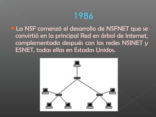 La NSF comenzó el desarrollo de NSFNET que se
convirtió en la principal Red en árbol de Internet,
complementada después con las redes NSINET y
ESNET, todas ellas en Estados Unidos.
 