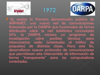  Se realizó la Primera demostración pública de
ARPANET, una nueva red de comunicaciones
financiada por la DARPA que funcionaba de forma
distribuida sobre la red telefónica conmutada
1973, la DARPA iniciara un programa de
investigación sobre posibles técnicas para
interconectar redes (orientadas al tráfico de
paquetes) de distintas clases. Para este fin,
desarrollaron nuevos protocolos de comunicaciones
que permitiesen este intercambio de información de
forma "transparente" para las computadoras
conectadas.
 