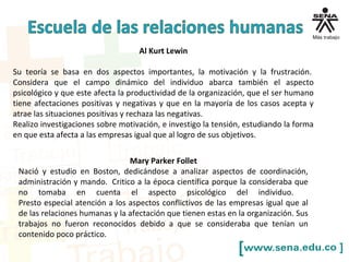 Al Kurt Lewin
Su teoría se basa en dos aspectos importantes, la motivación y la frustración.
Considera que el campo dinámico del individuo abarca también el aspecto
psicológico y que este afecta la productividad de la organización, que el ser humano
tiene afectaciones positivas y negativas y que en la mayoría de los casos acepta y
atrae las situaciones positivas y rechaza las negativas.
Realizo investigaciones sobre motivación, e investigo la tensión, estudiando la forma
en que esta afecta a las empresas igual que al logro de sus objetivos.
Mary Parker Follet
Nació y estudio en Boston, dedicándose a analizar aspectos de coordinación,
administración y mando. Critico a la época científica porque la consideraba que
no tomaba en cuenta el aspecto psicológico del individuo.
Presto especial atención a los aspectos conflictivos de las empresas igual que al
de las relaciones humanas y la afectación que tienen estas en la organización. Sus
trabajos no fueron reconocidos debido a que se consideraba que tenían un
contenido poco práctico.
 