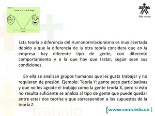 Esta teoría a diferencia del Humanorrelacionismo es muy acertada
debido a que la diferencia de la otra teoría considera que en la
empresa hay diferente tipo de gente, con diferente
comportamiento y a la que hay que tratar, según sean sus
condiciones.
En ella se analizan grupos humanos que les gusta trabajar y no
requieren de presión. Ejemplo: Teoría Y: gente poco participativas
y que no les agrade el trabajo como la gente teoría X, pero si ésto
no resulta suficiente se analiza al tipo de gente que puede quedar
entre estas dos teorías y que corresponden a los supuestos de la
teoría Z.
 