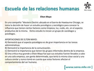 Elton Mayo
En una compañía "Western Electric ubicada en el barrio de Hawtourne Chicago, se
toma la decisión de hacer un estudio psicológico y sociológico para conocer la
influencia que tienen ciertos factores como limpieza, luz, ruido, etc. en el aspecto
productivo de la misma. Dicho estudio lo inician un grupo de sociólogos y
psicólogos.
APORTACIONES DE ELTON MAYO:
A) Demostró que el aspecto psicológico es de gran importancia en las tareas
administrativas.
B) Demostró la importancia de la comunicación.
C) Demostró la importancia que tienen los grupos informales dentro de la empresa.
D) Una critica muy grande a Elton Mayo fue que sus estudios fueron llevados a cabo
en una sola empresa, con gente determinada, que tenía la misma clase social y una
cultura similar y nunca tomó en cuenta que estos factores afectan el
comportamiento del ser humano.
 