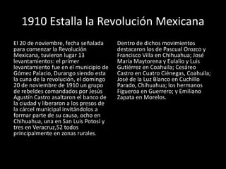 1910 Estalla la Revolución Mexicana
El 20 de noviembre, fecha señalada
para comenzar la Revolución
Mexicana, tuvieron luga...