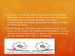  La fresa en forma de rodillo corta solamente con dientes
dispuestos en su periferia. Se distinguen aquí el fresado a
contradirección y el fresado paralelo. En ambos
procedimientos de trabajo se arrancan al material virutas
en forma de coma.
 En el fresado en contradirección el sentido del giro de la
fresa y el del avance de la pieza son encontrados. La fresa
desliza primeramente sobre la pieza y solamente después
de esto penetra más y más en el material.
 