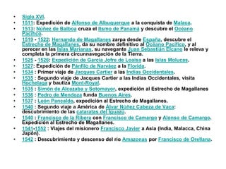•   Siglo XVI.
•   1511: Expedición de Alfonso de Albuquerque a la conquista de Malaca.
•   1513: Núñez de Balboa cruza el Itsmo de Panamá y descubre el Océano
    Pacífico.
•   1519 - 1522: Hernando de Magallanes zarpa desde España, descubre el
    Estrecho de Magallanes, da su nombre definitivo al Océano Pacífico, y al
    perecer en las Islas Marianas, su navegante Juan Sebastián Elcano le releva y
    completa la primera circunnavegación de la Tierra.
•   1525 - 1526: Expedición de García Jofre de Loaisa a las Islas Molucas.
•   1527: Expedición de Pánfilo de Narváez a la Florida.
•   1534 : Primer viaje de Jacques Cartier a las Indias Occidentales.
•   1535 : Segundo viaje de Jacques Cartier a las Indias Occidentales, visita
    Hochelaga y bautiza Mont-Royal.
•   1535 : Simón de Alcazaba y Sotomayor, expedición al Estrecho de Magallanes
•   1536 : Pedro de Mendoza funda Buenos Aires.
•   1537 : León Pancaldo, expedición al Estrecho de Magallanes.
•   1540 : Segundo viaje a América de Álvar Núñez Cabeza de Vaca:
    descubrimiento de las cataratas del Iguazú.
•   1540 : Francisco de la Ribera con Francisco de Camargo y Alonso de Camargo.
    Expedición al Estrecho de Magallanes.
•   1541-1552 : Viajes del misionero Francisco Javier a Asia (India, Malacca, China
    Japón).
•   1542 : Descubrimiento y descenso del río Amazonas por Francisco de Orellana.
 