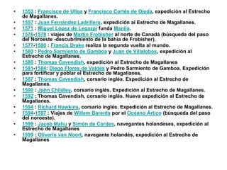 •   1553 : Francisco de Ulloa y Francisco Cortés de Ojeda, expedición al Estrecho
    de Magallanes.
•   1557 : Juan Fernández Ladrillero, expedición al Estrecho de Magallanes.
•   1571 : Miguel López de Legazpi funda Manila.
•   1576-1578 : viajes de Martin Frobisher al norte de Canadá (búsqueda del paso
    del Noroeste -descubrimiento de la bahía de Frobisher).
•   1577-1580 : Francis Drake realiza la segunda vuelta al mundo.
•   1580 : Pedro Sarmiento de Gamboa y Juan de Villalobos, expedición al
    Estrecho de Magallanes.
•   1580 : Thomas Cavendish, expedición al Estrecho de Magallanes
•   1581-1584: Diego Flores de Valdés y Pedro Sarmiento de Gamboa. Expedición
    para fortificar y poblar el Estrecho de Magallanes.
•   1587 : Thomas Cavendish, corsario inglés. Expedición al Estrecho de
    Magallanes.
•   1590 : John Childley, corsario inglés. Expedición al Estrecho de Magallanes.
•   1592 : Thomas Cavendish, corsario inglés. Nueva expedición al Estrecho de
    Magallanes.
•   1594 : Richard Hawkins, corsario inglés. Expedición al Estrecho de Magallanes.
•   1594-1597 : Viajes de Willem Barents por el Océano Ártico (búsqueda del paso
    del noroeste).
•   1599 : Jacob Mahu y Simón de Cordes, navegantes holandeses, expedición al
    Estrecho de Magallanes
•   1599 : Oliverio van Noort, navegante holandés, expedición al Estrecho de
    Magallanes
 