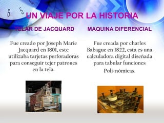 UN VIAJE POR LA HISTORIA
  TELAR DE JACQUARD               MAQUINA DIFERENCIAL

 Fue creado por Joseph Marie         Fue creada por charles
     Jacquard en 1801, este       Babague en 1822, esta es una
utilizaba tarjetas perforadoras   calculadora digital diseñada
para conseguir tejer patrones        para tabular funciones
           en la tela.                   Poli-nómicas.
 