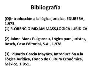 (O)Introducción a la lógica jurídica, EDUBEBA,
1.973.
(1) FLORENCIO MIXAM MASS,LÔGICA JURÌDICA
(2) Jaime Mans Puigarnau, Lógica para juristas,
Bosch, Casa Editorial, S.A., 1.978
(3) Eduardo García Maynes, Introducción a la
Lógica Jurídica, Fondo de Cultura Económica,
México, 1.951.
Bibliografía
 