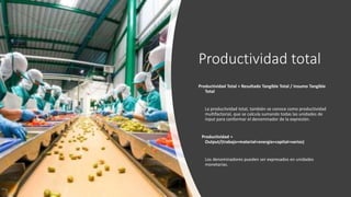 Productividad total
Productividad Total = Resultado Tangible Total / Insumo Tangible
Total
La productividad total, también se conoce como productividad
multifactorial, que se calcula sumando todas las unidades de
input para conformar el denominador de la expresión.
Productividad =
Output/(trabajo+material+energía+capital+varios)
Los denominadores pueden ser expresados en unidades
monetarias.
 