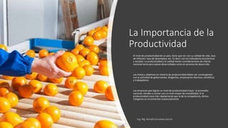 La Importancia de la
Productividad
El nivel de productividad de un país, tiene que ver con su calidad de vida, tasa
de inflación, tasa de desempleo, etc. Es decir con los indicadores económicos
y sociales. La productividad y la calidad tienen consideraciones de interés
nacional tanto para países desarrollados como en proceso de desarrollo.
Las metas y objetivos en materia de productividad deben ser convergentes
con la actividad de gobernantes, dirigentes, empresarios técnicos, científicos
y trabajadores.
Las empresas que logran un nivel de productividad mayor al promedio
nacional, tienden a contar con un nivel mayor de rentabilidad. Si la
productividad crece más rápidamente que la de la competencia, dichos
márgenes se incrementan sustancialmente.
 