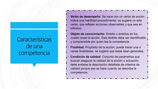Características
deuna
competencia
 Verbo de desempeño: Se hace con un verbo de acción.
Indica una habilidad procedimental. se sugiere un sólo
verbo, que reflejen acciones observables y que sea en
infinitivo.
 Objeto de conocimiento: Ámbito o ámbitos en los
cuales recae la acción. Este ámbito debe ser identificable
y comprensible por quien lea la competencia.
 Finalidad: Propósito de la acción, puede hacer una o
varias finalidades, se sugiere que éstas sean generales.
 Condición de calidad: Conjunto de parámetros que
buscan asegurar la calidad de la acción o actuación.
debe evitarse la descripción detallada de criterios de
calidad porque eso se hace cuando se describa la
competencia.
 
