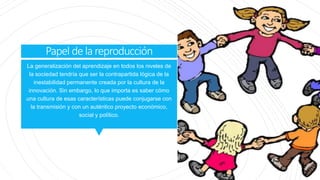Papel delareproducción
La generalización del aprendizaje en todos los niveles de
la sociedad tendría que ser la contrapartida lógica de la
inestabilidad permanente creada por la cultura de la
innovación. Sin embargo, lo que importa es saber cómo
una cultura de esas características puede conjugarse con
la transmisión y con un auténtico proyecto económico,
social y político.
 