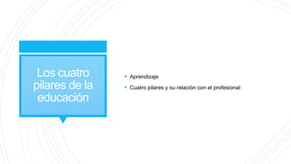 Los cuatro
pilares de la
educación
 Aprendizaje
 Cuatro pilares y su relación con el profesional:
 
