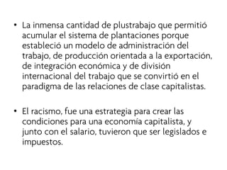 • 
La inmensa cantidad de plustrabajo que permitió acumular el sistema de plantaciones porque estableció un modelo de administración del trabajo, de producción orientada a la exportación, de integración económica y de división internacional del trabajo que se convirtió en el paradigma de las relaciones de clase capitalistas. 
• 
El racismo, fue una estrategia para crear las condiciones para una economía capitalista, y junto con el salario, tuvieron que ser legislados e impuestos.  