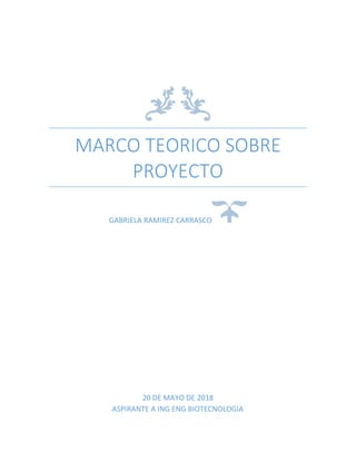 MARCO	TEORICO	SOBRE	
PROYECTO	
GABRIELA	RAMIREZ	CARRASCO 	
20	DE	MAYO	DE	2018	
ASPIRANTE	A	ING	ENG	BIOTECNOLOGIA	
							
 