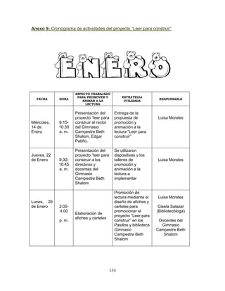 134
Anexo 9- Cronograma de actividades del proyecto “Leer para construir”
FECHA HORA
ASPECTO TRABAJADO
PARA PROMOVER Y
ANIMAR A LA
LECTURA
ESTRATEGIA
UTILIZADA
RESPONSABLE
Miércoles,
14 de
Enero
9:15-
10:30
a. m.
Presentación del
proyecto “leer para
construir al rector
del Gimnasio
Campestre Beth
Shalom, Edgar
Patiño.
Entrega de la
propuesta de
promoción y
animación a la
lectura “Leer para
construir”
Luisa Morales
Jueves, 22
de Enero 9:30-
10:45
a. m.
Presentación del
proyecto “leer para
construir a los
directivos y
docentes del
Gimnasio
Campestre Beth
Shalom
Se utilizaron
dispositivas y los
talleres de
promoción y
animación a la
lectura a
implementar
Luisa Morales
Lunes, 26
de Enero 2:00-
4:00
p. m.
Elaboración de
afiches y carteles
Promoción de
lectura mediante el
diseño de afiches y
carteles para
promocionar el
proyecto “Leer para
construir” en los
Pasillos y biblioteca
Gimnasio
Campestre Beth
Shalom
Luisa Morales
Gisela Salazar
(Bibliotecóloga)
Docentes del
Gimnasio
Campestre Beth
Shalom
 