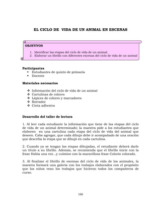 160
EL CICLO DE VIDA DE UN ANIMAL EN ESCENAS
Participantes
 Estudiantes de quinto de primaria
 Docente
Materiales necesarios
 Información del ciclo de vida de un animal
 Cartulinas de colores
 Lápices de colores y marcadores
 Borrador
 Cinta adhesiva
Desarrollo del taller de lectura
1. Al leer cada estudiante la información que tiene de las etapas del ciclo
de vida de un animal determinado; la maestra pide a los estudiantes que
elaboren en una cartulina cada etapa del ciclo de vida del animal que
deseen. Cabe agregar, que cada dibujo debe ir acompañado de una oración
que describa la etapa que se dibujó en cada cartulina.
2. Cuando ya se tengan las etapas dibujadas, el estudiante deberá darle
un título a su librillo. Además, se recomienda que el librillo inicie con la
frase Había una vez…y culmine con la maravillosa frase Colorín colorado.
3. Al finalizar el librillo de escenas del ciclo de vida de los animales, la
maestra formará una galería con los trabajos elaborados con el propósito
que los niños vean los trabajos que hicieron todos los compañeros de
curso.
OBJETIVOS
1. Identificar las etapas del ciclo de vida de un animal.
2. Elaborar un librillo con diferentes escenas del ciclo de vida de un animal
determinado.
 
