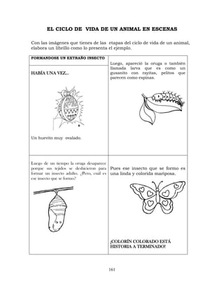 161
EL CICLO DE VIDA DE UN ANIMAL EN ESCENAS
Con las imágenes que tienes de las etapas del ciclo de vida de un animal,
elabora un librillo como lo presenta el ejemplo.
FORMANDOSE UN EXTRAÑO INSECTO
Luego, apareció la oruga o también
llamada larva que es como un
gusanito con rayitas, pelitos que
parecen como espinas.
HABÍA UNA VEZ…
Un huevito muy ovalado.
Luego de un tiempo la oruga desaparece
porque sus tejidos se deshicieron para
formar un insecto adulto. ¿Pero, cuál es
ese insecto que se formo?
Pues ese insecto que se formo es
una linda y colorida mariposa.
¡COLORÍN COLORADO ESTÁ
HISTORIA A TERMINADO!
 