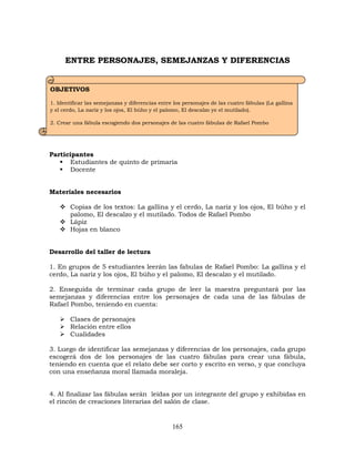 165
ENTRE PERSONAJES, SEMEJANZAS Y DIFERENCIAS
Participantes
 Estudiantes de quinto de primaria
 Docente
Materiales necesarios
 Copias de los textos: La gallina y el cerdo, La nariz y los ojos, El búho y el
palomo, El descalzo y el mutilado. Todos de Rafael Pombo
 Lápiz
 Hojas en blanco
Desarrollo del taller de lectura
1. En grupos de 5 estudiantes leerán las fabulas de Rafael Pombo: La gallina y el
cerdo, La nariz y los ojos, El búho y el palomo, El descalzo y el mutilado.
2. Enseguida de terminar cada grupo de leer la maestra preguntará por las
semejanzas y diferencias entre los personajes de cada una de las fábulas de
Rafael Pombo, teniendo en cuenta:
 Clases de personajes
 Relación entre ellos
 Cualidades
3. Luego de identificar las semejanzas y diferencias de los personajes, cada grupo
escogerá dos de los personajes de las cuatro fábulas para crear una fábula,
teniendo en cuenta que el relato debe ser corto y escrito en verso, y que concluya
con una enseñanza moral llamada moraleja.
4. Al finalizar las fábulas serán leídas por un integrante del grupo y exhibidas en
el rincón de creaciones literarias del salón de clase.
OBJETIVOS
1. Identificar las semejanzas y diferencias entre los personajes de las cuatro fábulas (La gallina
y el cerdo, La nariz y los ojos, El búho y el palomo, El descalzo ye el mutilado).
2. Crear una fábula escogiendo dos personajes de las cuatro fábulas de Rafael Pombo
 