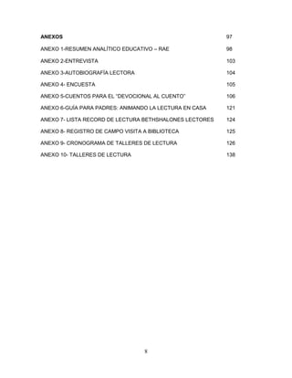 8
ANEXOS 97
ANEXO 1-RESUMEN ANALÍTICO EDUCATIVO – RAE 98
ANEXO 2-ENTREVISTA 103
ANEXO 3-AUTOBIOGRAFÍA LECTORA 104
ANEXO 4- ENCUESTA 105
ANEXO 5-CUENTOS PARA EL “DEVOCIONAL AL CUENTO” 106
ANEXO 6-GUÍA PARA PADRES: ANIMANDO LA LECTURA EN CASA 121
ANEXO 7- LISTA RECORD DE LECTURA BETHSHALONES LECTORES 124
ANEXO 8- REGISTRO DE CAMPO VISITA A BIBLIOTECA 125
ANEXO 9- CRONOGRAMA DE TALLERES DE LECTURA 126
ANEXO 10- TALLERES DE LECTURA 138
 