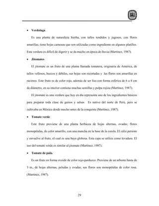 •   Verdolaga

    Es una planta de naturaleza hierba, con tallos tendidos y jugosos, con flores

amarillas; tiene hojas carnosas que son utilizadas como ingrediente en algunos platillos.

Esta verdura es difícil de digerir y se da mucho en época de lluvia (Martínez, 1987).

•   Jitomates

    El jitomate es un fruto de una planta llamada tomatera, originaria de América, de

tallos vellosos, huecos y débiles, sus hojas son recortadas y las flores son amarillas en

racimos. Este fruto es de color rojo, además de ser liso con forma esférica de 6 a 8 cm

de diámetro, en su interior contiene muchas semillas y pulpa rojiza (Martínez, 1987).

    El jitomate es una verdura que hoy en día representa uno de los ingredientes básicos

para preparar toda clase de guisos y salsas. Es nativo del norte de Perú, pero se

cultivaba en México desde mucho antes de la conquista (Martínez, 1987).

•   Tomate verde

    Este fruto proviene de una planta herbácea de hojas alternas, ovadas; flores

monopétalas, de color amarillo, con una mancha en la base de la corola. El cáliz persiste

y envuelve al fruto, el cual es una baya globosa. Esta capa se utiliza como levadura. El

uso del tomate verde es similar al jitomate (Martínez, 1987).

•   Tomate de palo.

    Es un fruto en forma ovoide de color rojo-parduzco. Proviene de un arbusto hasta de

3 m., de hojas alternas, peludas y ovadas; sus flores son monopétalas de color rosa.

(Martínez, 1987).




                                         29
 