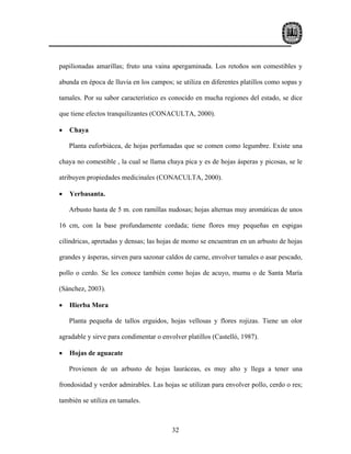 papilionadas amarillas; fruto una vaina apergaminada. Los retoños son comestibles y

abunda en época de lluvia en los campos; se utiliza en diferentes platillos como sopas y

tamales. Por su sabor característico es conocido en mucha regiones del estado, se dice

que tiene efectos tranquilizantes (CONACULTA, 2000).

•   Chaya

    Planta euforbiácea, de hojas perfumadas que se comen como legumbre. Existe una

chaya no comestible , la cual se llama chaya pica y es de hojas ásperas y picosas, se le

atribuyen propiedades medicinales (CONACULTA, 2000).

•   Yerbasanta.

    Arbusto hasta de 5 m. con ramillas nudosas; hojas alternas muy aromáticas de unos

16 cm, con la base profundamente cordada; tiene flores muy pequeñas en espigas

cilíndricas, apretadas y densas; las hojas de momo se encuentran en un arbusto de hojas

grandes y ásperas, sirven para sazonar caldos de carne, envolver tamales o asar pescado,

pollo o cerdo. Se les conoce también como hojas de acuyo, mumu o de Santa María

(Sánchez, 2003).

•   Hierba Mora

    Planta pequeña de tallos erguidos, hojas vellosas y flores rojizas. Tiene un olor

agradable y sirve para condimentar o envolver platillos (Castelló, 1987).

•   Hojas de aguacate

    Provienen de un arbusto de hojas lauráceas, es muy alto y llega a tener una

frondosidad y verdor admirables. Las hojas se utilizan para envolver pollo, cerdo o res;

también se utiliza en tamales.



                                         32
 