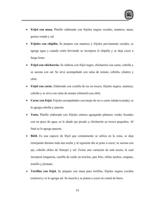•   Frijol con masa. Platillo elaborado con frijoles negros cocidos, manteca, masa,

    guineo roatán y sal.

•   Frijoles con chipilín. Se prepara con manteca y frijoles previamente cocidos, se

    agrega agua y cuando estén hirviendo se incorpora el chipilín y se deja cocer a

    fuego lento.

•   Frijol con chicharrón. Se elabora con fríjol negro, chicharrón con carne, cebolla y

    se sazona con sal. Se sirve acompañado con salsa de tomate, cebolla, cilantro y

    chile.

•   Frijol con carne. Elaborado con costilla de res en trozos, frijoles negros, manteca,

    cebolla y se sirve con salsa de tomate (chirmol) con chile.

•   Carne con fríjol. Frijoles acompañados con tasajo de res o carne salada (curada), se

    le agrega cebolla y epazote.

•   Tsata. Platillo elaborado con frijoles enteros agregando plátanos verdes licuados

    con un poco de agua, se le añade ajo picado y chicharrón en trozos pequeños. Al

    final se le agrega epazote.

•   Bótil. Es una especie de fríjol que comúnmente se utiliza en la zona, se deja

    remojando durante toda una noche y al siguiente día se pone a cocer; se sazona con

    ajo, cebolla chiles de Simojel y sal. Existe una variación de está receta, la cual

    incorpora longaniza, costilla de cerdo en trocitos, pan frito, chiles anchos, orégano,

    tomillo y jitomate.

•   Tortillas con frijol. Se prepara con masa para tortillas, frijoles negros cocidos

    (enteros) y se le agrega sal. Se mezcla y se ponen a cocer en comal de barro.



                                          53
 