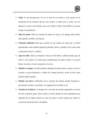 •   Nukú. Es una hormiga que vive en el nido de las arrieras y sólo aparece en la

    temporada de las primeras lluvias; este insecto, se debe lavar y tostar con sal,

    algunos lo comen como botana, otros con tortilla y limón. Este platillo es de gran

    arraigo en la población.

•   Salsa de guash. Salsa de semillas de guash sin vaina, se le agrega chile morita,

    chile guajillo, cebolla y sal al gusto.

•   Chirmole (chilmole) Salsa que consiste en una especie de mole que se utiliza

    generalmente como caldillo aguado de jitomate, chiles y cebollas. Sirve como salsa

    o para guisar carnes y verduras.

•   Agua de chile. Salsa en molcajete a base de chile blanco, cebolla picada, jugo de

    limón y sal al gusto. Es común para complementar los platos fuertes o un pozol

    blanco sin azúcar, el cual es popular en la zona.

•   Palmito en vinagre. Se utiliza palmito rebanado sin partes duras, se pone a cocer el

    corazón y se pica finamente, se añade sal, vinagre de piña y aceite de oliva, para

    después dejarlo reposar.

•   Palmito con huevo. Elaborado con el corazón del palmito picado finamente y

    previamente cocidos y escurridos, se le agrega huevos batidos y sal.

•   Tamales de Cambray. Se designa así a este tipo de tamales preparados con masa

    de maíz, aceitunas, pasas, huevos duros y moles, además de otros ingredientes que

    dependen de la región, puede ser carne de puerco o pollo picada, por ultimó se

    envuelven en hoja de maíz o de plátano.




                                              57
 