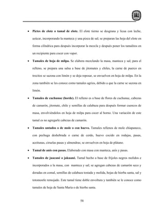 •   Pictes de elote o tamal de elote. El elote tierno se desgrana y licua con leche,

    azúcar, incorporando la manteca y una pizca de sal; se preparan las hoja del elote en

    forma cilíndrica para después incorporar la mezcla y después poner los tamalitos en

    un recipiente para cocer con vapor.

•   Tamales de hoja de milpa. Se elabora mezclando la masa, manteca y sal; para el

    relleno, se prepara una salsa a base de jitomates y chiles, la carne de puerco en

    trocitos se sazona con limón y se deja reposar, se envuelven en hoja de milpa. En la

    zona también se les conoce como tamales agrios, debido a que la carne se sazona en

    limón.

•   Tamales de cuchunuc (horde). El relleno es a base de flores de cuchunuc, cabezas

    de camarón, jitomate, chile y semillas de calabaza para después formar cuencos de

    masa, envolviéndolos en hoja de milpa para cocer al horno. Una variación de este

    tamal es no agregarle cabezas de camarón.

•   Tamales untados o de mole o con huevo. Tamales rellenos de mole chiapaneco,

    con pechuga deshebrada o carne de cerdo, huevo cocido en rodajas, pasas,

    aceitunas, ciruelas pasas y almendras; se envuelven en hoja de plátano.

•   Tamal de anís con pasas. Elaborado con masa con manteca, anís y pasas.

•   Tamales de juacané o jakuané. Tamal hecho a base de frijoles negros molidos e

    incorporados a la masa, con manteca y sal; se agregan cabezas de camarón seco y

    doradas en comal, semillas de calabaza tostada y molida, hojas de hierba santa, sal y

    totomostle remojado. Este tamal tiene doble envoltura y también se le conoce como

    tamales de hoja de Santa María o de hierba santa.



                                          58
 