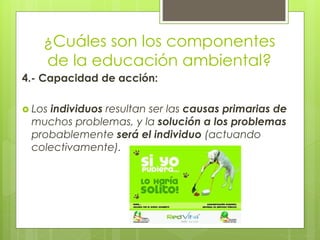 ¿Cuáles son los componentes
de la educación ambiental?
4.- Capacidad de acción:
 Los individuos resultan ser las causas primarias de
muchos problemas, y la solución a los problemas
probablemente será el individuo (actuando
colectivamente).
 