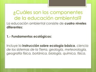 ¿Cuáles son los componentes
de la educación ambiental?
La educación ambiental consiste de cuatro niveles
diferentes:
1.- Fundamentos ecológicos:
Incluye la instrucción sobre ecología básica, ciencia
de los sistemas de la Tierra, geología, meteorología,
geografía física, botánica, biología, química, física.
 