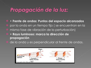 •  Frente de ondas: Puntos del espacio alcanzados por la onda en un tiempo fijo ( se encuentran en la misma fase de vibración de la perturbación) •  Rayo luminoso: marca la dirección de propagación de la onda y es perpendicular al frente de ondas. 