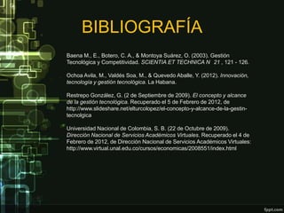 BIBLIOGRAFÍA
Baena M., E., Botero, C. A., & Montoya Suárez, O. (2003). Gestión
Tecnológica y Competitividad. SCIENTIA ET TECHNICA N 21 , 121 - 126.

Ochoa Avila, M., Valdés Soa, M., & Quevedo Aballe, Y. (2012). Innovación,
tecnología y gestión tecnológica. La Habana.

Restrepo González, G. (2 de Septiembre de 2009). El concepto y alcance
de la gestión tecnológica. Recuperado el 5 de Febrero de 2012, de
http://www.slideshare.net/elturcolopez/el-concepto-y-alcance-de-la-gestin-
tecnolgica

Universidad Nacional de Colombia, S. B. (22 de Octubre de 2009).
Dirección Nacional de Servicios Académicos Virtuales. Recuperado el 4 de
Febrero de 2012, de Dirección Nacional de Servicios Académicos Virtuales:
http://www.virtual.unal.edu.co/cursos/economicas/2008551/index.html
 