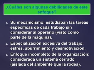 1.1. Su mecanicismo: estudiaban las tareasSu mecanicismo: estudiaban las tareas
específicas de cada trabajo sinespecíficas de cada trabajo sin
considerar al operario (visto comoconsiderar al operario (visto como
parte de la máquina).parte de la máquina).
2.2. Especialización excesiva del trabajo:Especialización excesiva del trabajo:
estrés, aburrimiento y desmotivación.estrés, aburrimiento y desmotivación.
3.3. Enfoque incompleto de la organización:Enfoque incompleto de la organización:
considerada un sistema cerradoconsiderada un sistema cerrado
(aislada del ambiente que la rodea).(aislada del ambiente que la rodea).
¿Cuáles son algunas debilidades de este
enfoque?
 