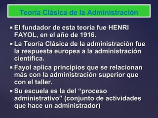  El fundador de esta teoría fue HENRIEl fundador de esta teoría fue HENRI
FAYOL, en el año de 1916.FAYOL, en el año de 1916.
 La Teoría Clásica de la administración fueLa Teoría Clásica de la administración fue
la respuesta europea a la administraciónla respuesta europea a la administración
científica.científica.
 Fayol aplica principios que se relacionanFayol aplica principios que se relacionan
más con la administración superior quemás con la administración superior que
con el taller.con el taller.
 Su escuela es la del “procesoSu escuela es la del “proceso
administrativo” (conjunto de actividadesadministrativo” (conjunto de actividades
que hace un administrador)que hace un administrador)
Teoría Clásica de la Administración
 