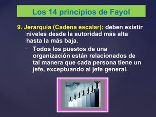 9. Jerarquía (Cadena escalar): deben existir
niveles desde la autoridad más alta
hasta la más baja.
– Todos los puestos de una
organización están relacionados de
tal manera que cada persona tiene un
jefe, exceptuando al jefe general.
Los 14 principios de Fayol
 