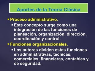  Proceso administrativo.
 Este concepto surge como una
integración de las funciones de
planeación, organización, dirección,
coordinación y control.
 Funciones organizacionales.
 Los autores dividen estas funciones
en administrativas, técnicas,
comerciales, financieras, contables y
de seguridad.
Aportes de la Teoría Clásica
 