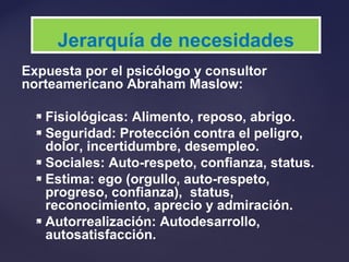 Expuesta por el psicólogo y consultor
norteamericano Abraham Maslow:
 Fisiológicas: Alimento, reposo, abrigo.
 Seguridad: Protección contra el peligro,
dolor, incertidumbre, desempleo.
 Sociales: Auto-respeto, confianza, status.
 Estima: ego (orgullo, auto-respeto,
progreso, confianza), status,
reconocimiento, aprecio y admiración.
 Autorrealización: Autodesarrollo,
autosatisfacción.
Jerarquía de necesidades
 