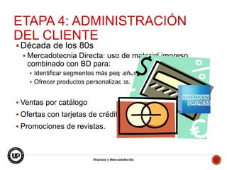 ETAPA 4: ADMINISTRACIÓN
DEL CLIENTE

 Década de los 80s
 Mercadotecnia Directa: uso de material impreso
combinado con BD para:
 Identificar segmentos más pequeños.
 Ofrecer productos personalizados.

 Ventas por catálogo
 Ofertas con tarjetas de crédito.
 Promociones de revistas.

Finanzas y Mercadotecnia

5

 