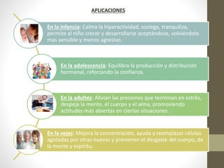 En la infancia: Calma la hiperactividad, sosiega, tranquiliza,
permite al niño crecer y desarrollarse aceptándose, volviéndolo
mas sensible y menos agresivo.
En la adolescencia: Equilibra la producción y distribución
hormonal, reforzando la confianza.
En la adultez: Alivian las presiones que terminan en estrés,
despeja la mente, el cuerpo y el alma, promoviendo
actitudes más abiertas en ciertas situaciones.
En la vejez: Mejora la concentración, ayuda a reemplazar células
agotadas por otras nuevas y previenen el desgaste del cuerpo, de
la mente y espíritu.
APLICACIONES
 