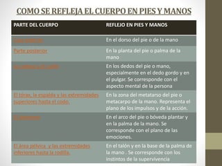 COMOSEREFLEJAELCUERPOENPIESYMANOS
PARTE DEL CUERPO REFLEJO EN PIES Y MANOS
Cara anterior En el dorso del pie o de la mano
Parte posterior En la planta del pie o palma de la
mano
La cabeza y el cuello En los dedos del pie o mano,
especialmente en el dedo gordo y en
el pulgar. Se corresponde con el
aspecto mental de la persona
El tórax, la espalda y las extremidades
superiores hasta el codo.
En la zona del metatarso del pie o
metacarpo de la mano. Representa el
plano de los impulsos y de la acción.
El abdomen En el arco del pie o bóveda plantar y
en la palma de la mano. Se
corresponde con el plano de las
emociones.
El área pélvica y las extremidades
inferiores hasta la rodilla.
En el talón y en la base de la palma de
la mano . Se corresponde con los
instintos de la supervivencia
 