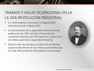 TRABAJO Y SALUD OCUPACIONAL EN LA
LA 2DA REVOLUCION INDUSTRIAL
 En 1918 empieza a funcionar la Organización
Internacional del Trabajo (OIT)
 La formalización de la seguridad industrial con la
publicación de 1931 del libro Prevención de
accidentes laborales de H.W. Heinrich, a quien se le
considera padre de la seguridad industrial,
 Realizó miles de estudios y análisis de accidentes
proponiendo dentro de un enfoque preventivo que
de cada 100 accidentes 98 pudieron ser previstos

ING. ANDRES CASTRO VILLAGRAN

 