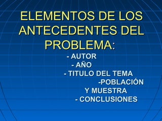 ELEMENTOS DE LOSELEMENTOS DE LOS
ANTECEDENTES DELANTECEDENTES DEL
PROBLEMAPROBLEMA::
- AUTOR- AUTOR
- AÑO- AÑO
- TITULO DEL TEMA- TITULO DEL TEMA
-POBLACIÓN-POBLACIÓN
Y MUESTRAY MUESTRA
- CONCLUSIONES- CONCLUSIONES
 