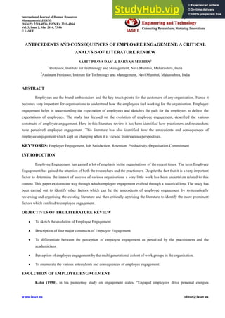 ANTECEDENTS AND CONSEQUENCES OF EMPLOYEE ENGAGEMENT A CRITICAL ANALYSIS ...