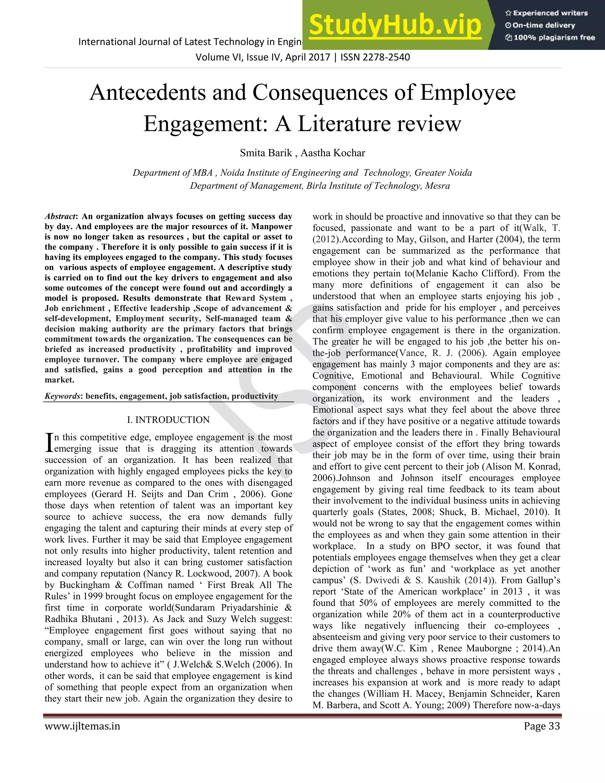 Antecedents And Consequences Of Employee Engagement A Literature Review ...