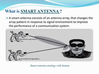 What is SMART ANTENNA ?
 A smart antenna consists of an antenna array, that changes the
array pattern in response to signal environment to improve
the performance of a communication system.
Smart antenna analogy with human
 