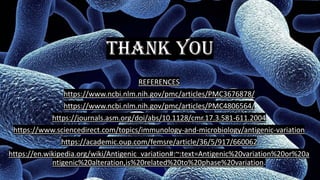 THANK YOU
REFERENCES
https://www.ncbi.nlm.nih.gov/pmc/articles/PMC3676878/
https://www.ncbi.nlm.nih.gov/pmc/articles/PMC4806564/
https://journals.asm.org/doi/abs/10.1128/cmr.17.3.581-611.2004
https://www.sciencedirect.com/topics/immunology-and-microbiology/antigenic-variation
https://academic.oup.com/femsre/article/36/5/917/660062
https://en.wikipedia.org/wiki/Antigenic_variation#:~:text=Antigenic%20variation%20or%20a
ntigenic%20alteration,is%20related%20to%20phase%20variation.
 