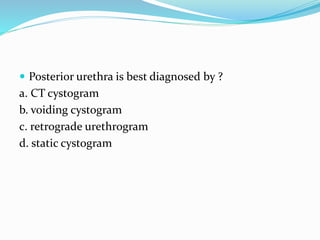  Posterior urethra is best diagnosed by ?
a. CT cystogram
b. voiding cystogram
c. retrograde urethrogram
d. static cystogram
 