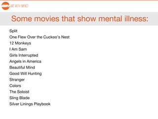 Some movies that show mental illness:
Split
One Flew Over the Cuckoo’s Nest
12 Monkeys
I Am Sam
Girls Interrupted
Angels in America
Beautiful Mind
Good Will Hunting
Stranger
Colors
The Soloist
Sling Blade
Silver Linings Playbook
 