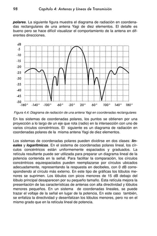 98              Capítulo 4: Antenas y Líneas de Transmisión


polares. La siguiente figura muestra el diagrama de radiación en coordena-
das rectangulares de una antena Yagi de diez elementos. El detalle es
bueno pero se hace difícil visualizar el comportamiento de la antena en dif-
erentes direcciones.

  dB
     -5
  -10
  -15
  -20
  -25
  -30
  -35
  -40
  -45
  -50
    -180°   -140°   -100°   -60°    -20°   20°     60°    100°    140°   180°

Figura 4.4: Diagrama de radiación de una antena Yagi en coordenadas rectangulares

En los sistemas de coordenadas polares, los puntos se obtienen por una
proyección a lo largo de un eje que rota (radio) en la intersección con uno de
varios círculos concéntricos. El siguiente es un diagrama de radiación en
coordenadas polares de la misma antena Yagi de diez elementos.

Los sistemas de coordenadas polares pueden dividirse en dos clases: lin-
eales y logarítmicos. En el sistema de coordenadas polares lineal, los cír-
culos concéntricos están uniformemente espaciados y graduados. La
retícula resultante puede ser utilizada para preparar un diagrama lineal de la
potencia contenida en la señal. Para facilitar la comparación, los círculos
concéntricos equiespaciados pueden reemplazarse por círculos ubicados
adecuadamente, representando la respuesta en decibeles, con 0 dB corre-
spondiendo al círculo más externo. En este tipo de gráficas los lóbulos me-
nores se suprimen. Los lóbulos con picos menores de 15 dB debajo del
lóbulo principal desaparecen por su pequeño tamaño. Esta retícula mejora la
presentación de las características de antenas con alta directividad y lóbulos
menores pequeños. En un sistema de coordenadas lineales, se puede
trazar el voltaje de la señal en lugar de la potencia, En este caso también,
se enfatiza la directividad y desenfatizan los lóbulos menores, pero no en el
mismo grado que en la retícula lineal de potencia.
 
